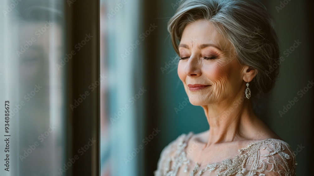 The mature bride stands by a window, her eyes closed in peaceful contemplation as she prepares for her wedding day, radiating elegance and joy, copy space The mature bride stands by a window, her eyes closed in peaceful contemplation as she prepares for her wedding day, radiating elegance and joy, copy space