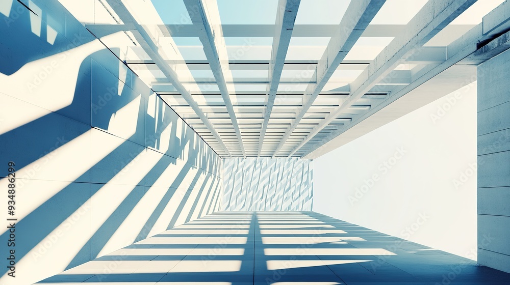 Fototapeta premium Geometric Architecture: Looking Up - A low-angle view through a modern glass ceiling, sunlight casting intricate shadows on the minimalist interior.