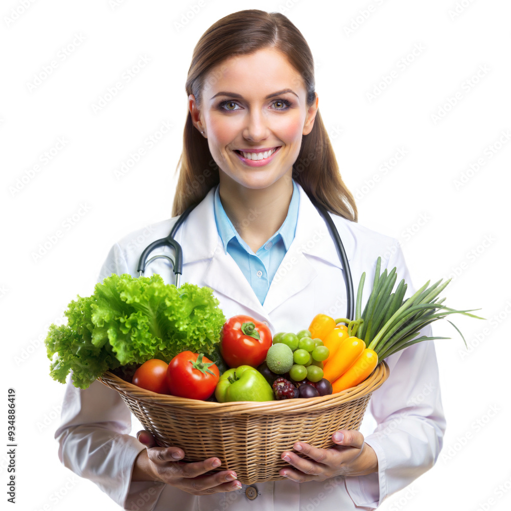 female nutritionist in a white medical coat with a basket of vegetables female nutritionist in a white medical coat with a basket of vegetables