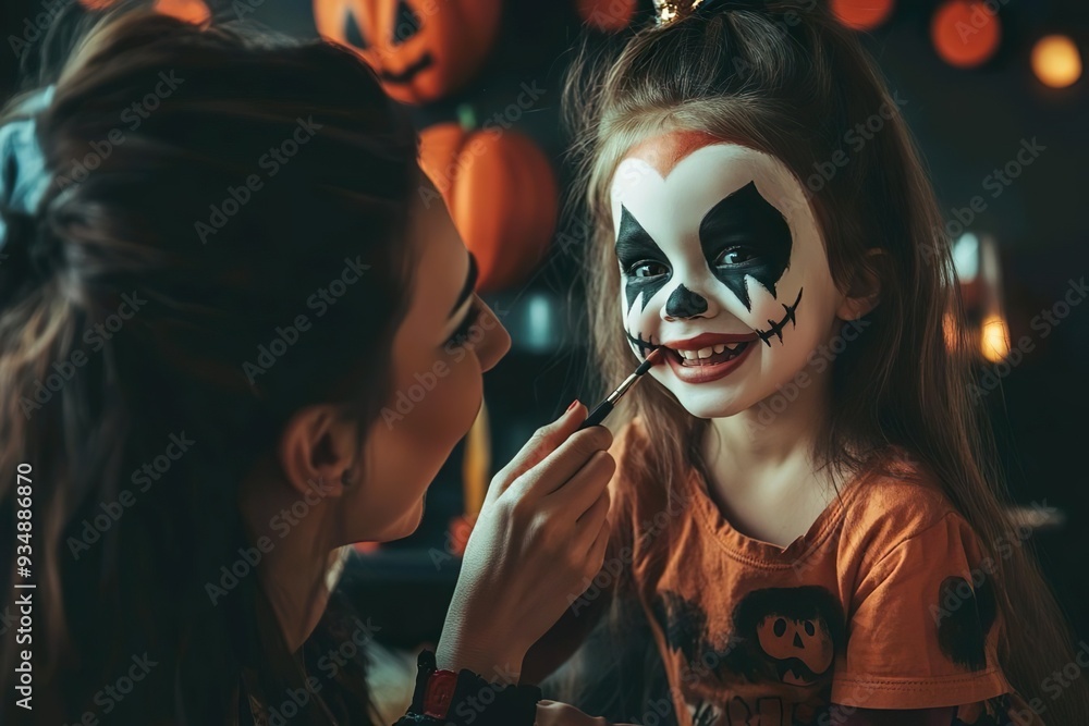 A mother and daughter sit at a vanity, surrounded by Halloween makeup tools, focused on creating a spooky look A mother and daughter sit at a vanity, surrounded by Halloween makeup tools, focused on creating a spooky look