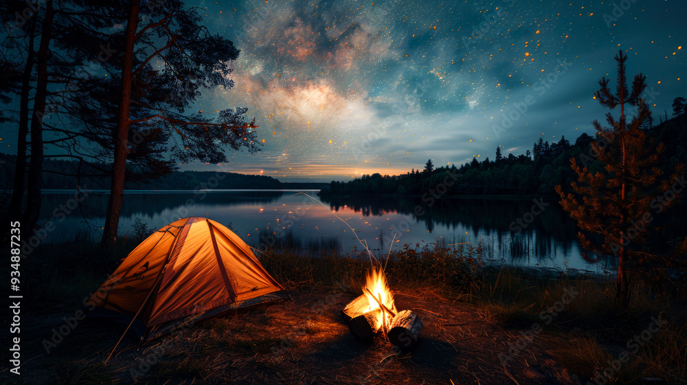 Campsite by a Lake Under a Starry Sky Campsite by a Lake Under a Starry Sky