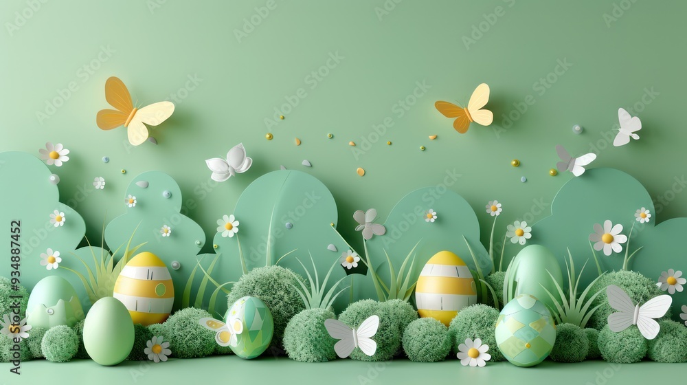 Pastel Easter Paper Art with Green Eggs, Holiday Symbols, Flowers, and ...