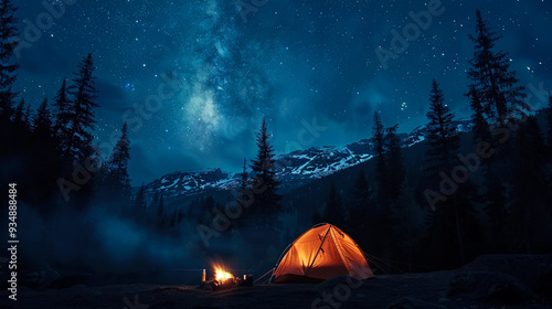 Illuminated Tent Under Milky Way and Mountain Range at Night