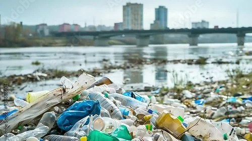 Wallpaper Mural  A large pile of  plastic bottles  and  other trash  is floating in  a river  Torontodigital.ca