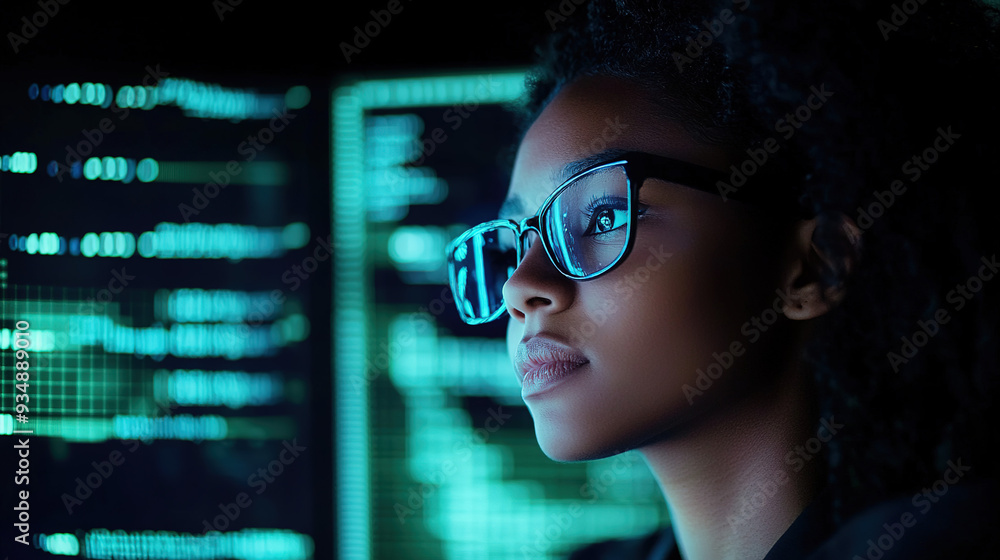 Futuristic Neon-Lit Double Exposure of an African American Woman with Curly Hair Working with Data and Code in a Cyberpunk Environment Futuristic Neon-Lit Double Exposure of an African American Woman with Curly Hair Working with Data and Code in a Cyberpunk Environment