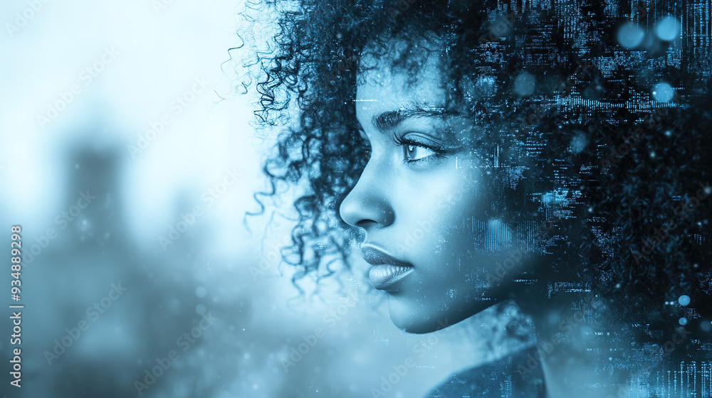 Futuristic Neon-Lit Double Exposure of an African American Woman with Curly Hair Working with Data and Code in a Cyberpunk Environment Futuristic Neon-Lit Double Exposure of an African American Woman with Curly Hair Working with Data and Code in a Cyberpunk Environment