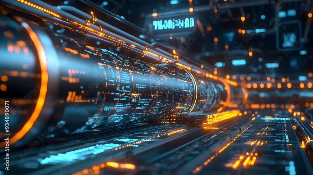 A futuristic 3D rendering of an extensive gas pipeline network intertwines with glowing data streams and upward-trending graphs, symbolizing advancements and future implications for the energy sector A futuristic 3D rendering of an extensive gas pipeline network intertwines with glowing data streams and upward-trending graphs, symbolizing advancements and future implications for the energy sector
