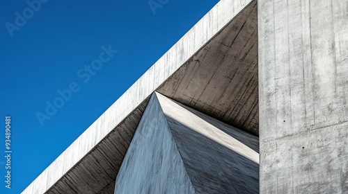 Concrete Geometry: Abstract architectural detail of a brutalist building with sharp lines and textures contrasted against a vibrant blue sky.