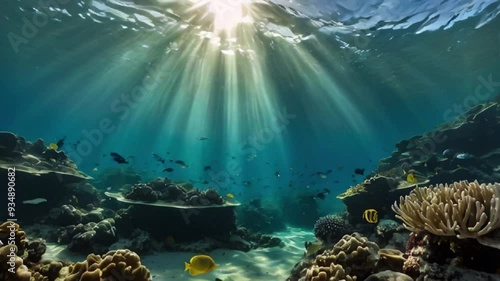 Animation of underwater sun rays. Beams of sunlight illuminating vibrant marine life. Realistic style. Feel the magic of underwater sunlight in motion. photo