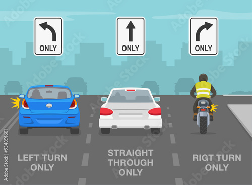 Safe driving tips and traffic regulation rules. United States road signs meaning. Go straight, right turn only and left turn only. Back view of cars on intersection. Flat vector illustration template.