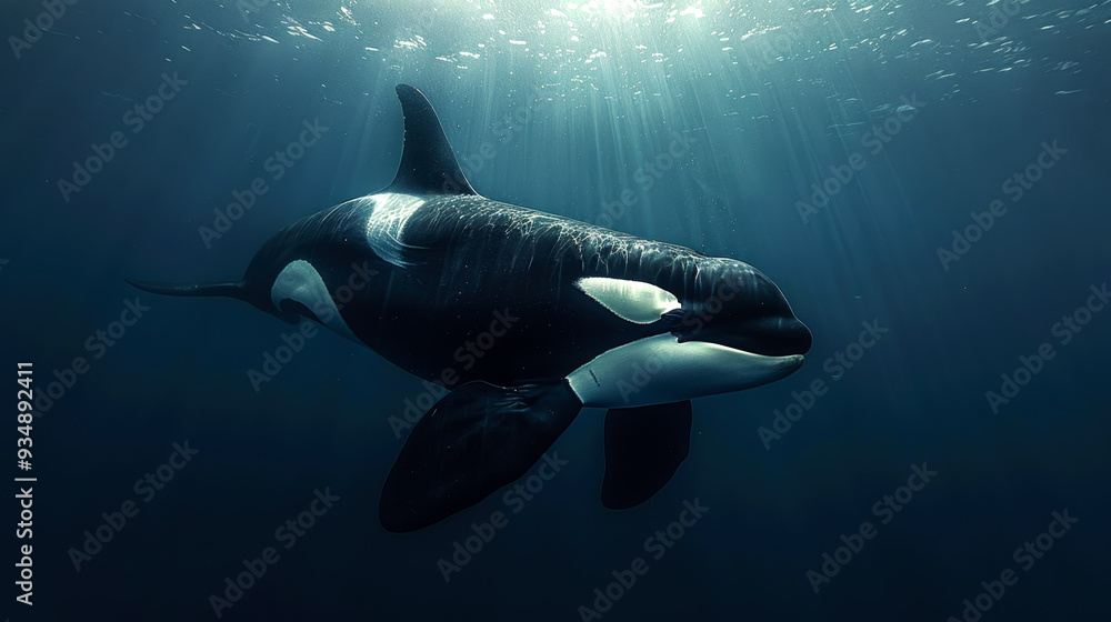 Orca Swimming Underwater with Sunbeams Shining Through the Water Orca Swimming Underwater with Sunbeams Shining Through the Water