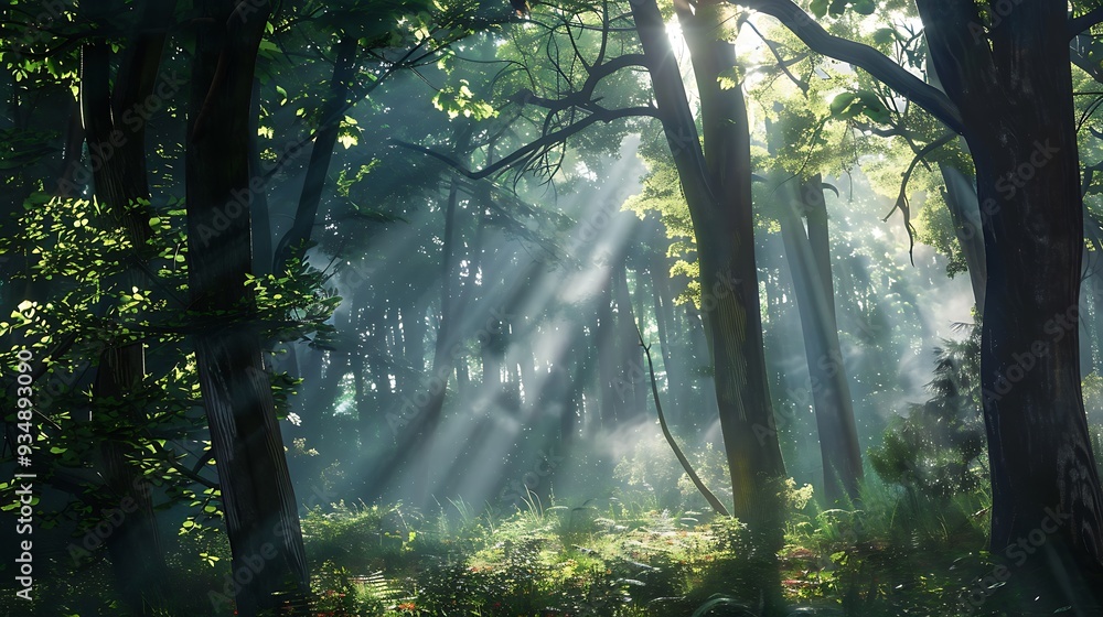 In a stunning woodland sunlight peeks through the trees In a stunning woodland sunlight peeks through the trees