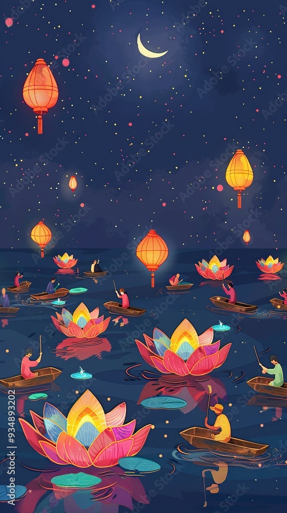 A cartoon river scene of colorful lotus flower lanterns floating at night. The lanterns have a warm glow and simplified happy faces.generative ai A cartoon river scene of colorful lotus flower lanterns floating at night. The lanterns have a warm glow and simplified happy faces.generative ai
