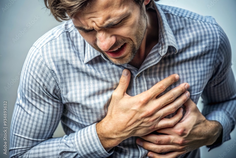 A man is in pain and is holding his chest A man is in pain and is holding his chest