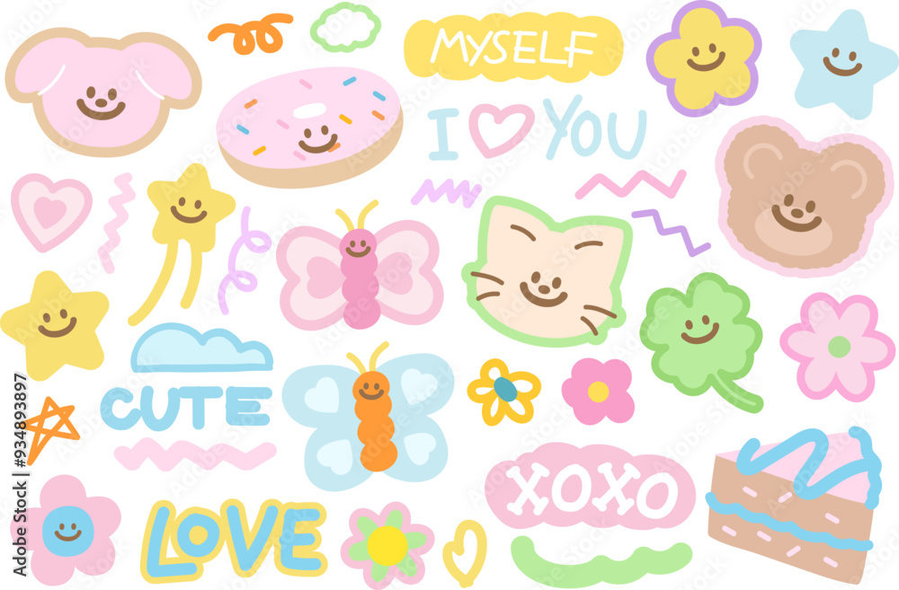Cute vector illustration of teddy bear, cat, clover leaf, puppy, cat, butterfly, star, flower, heart, cake, donut for animals, cartoon character, cute patches, kid doll, plush toy, sweet dessert, logo Cute vector illustration of teddy bear, cat, clover leaf, puppy, cat, butterfly, star, flower, heart, cake, donut for animals, cartoon character, cute patches, kid doll, plush toy, sweet dessert, logo