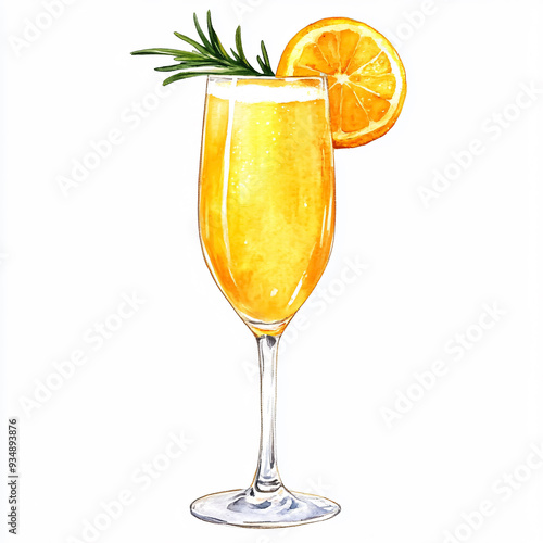 Fresh mimosa cocktail drink With sliced ​​orange and leaves. Watercolor clipart on a white background.[A-0003]