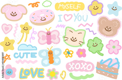 Cute vector illustration of teddy bear, cat, clover leaf, puppy, cat, butterfly, star, flower, heart, cake, donut for animals, cartoon character, cute patches, kid doll, plush toy, sweet dessert, logo