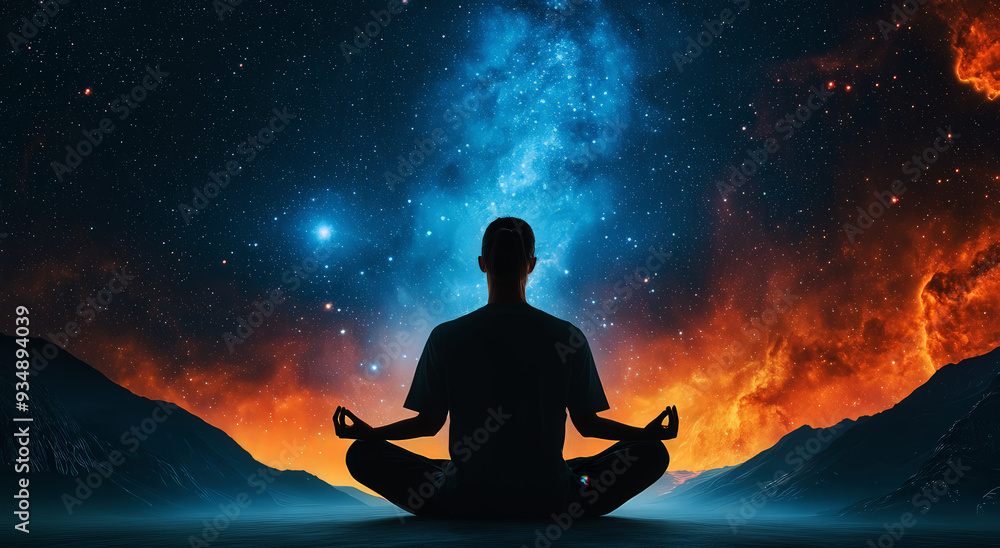 A tranquil silhouette of a person meditating against a cosmic background, blending the beauty of space and inner peace. A tranquil silhouette of a person meditating against a cosmic background, blending the beauty of space and inner peace.