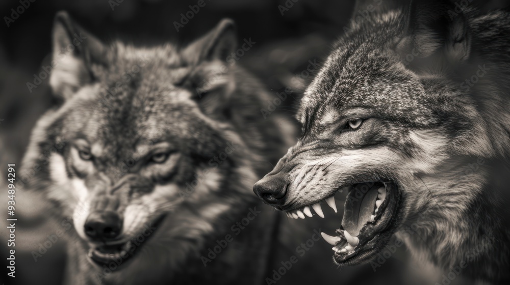 Fototapeta premium Two wolves, one snarling, one watching.