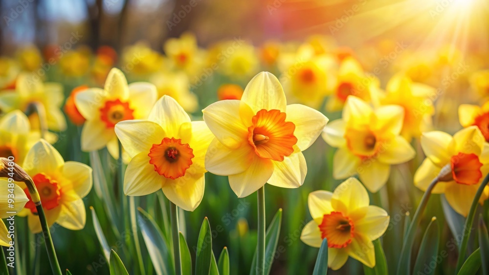 Close up of vibrant daffodil flowers in full bloom in a spring garden Close up of vibrant daffodil flowers in full bloom in a spring garden