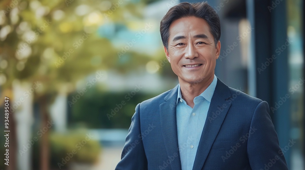 Happy confident professional Korean business man of mature standing in office. 50 years old business owner, company manager, smiling senior ceo executive, corporate leader at work.