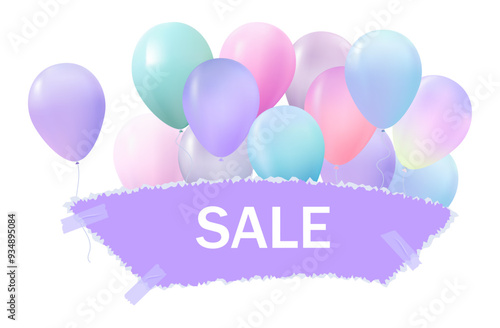Grand sale, balloons. Advertising on a store window, promotion. The best discount, big sale, anniversary event, opening a business, store. Banner with balloons up, new favorable price offer. Vector.