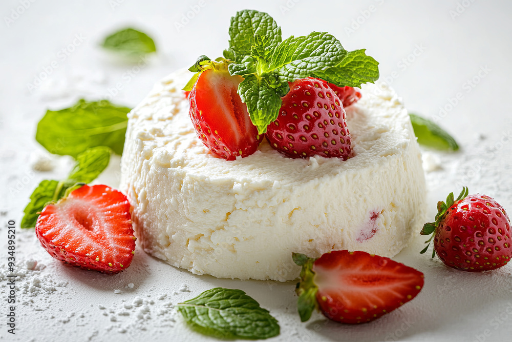 Ricotta cheese with mint and strawberries on white. Sliced ricotta dessert Ricotta cheese with mint and strawberries on white. Sliced ricotta dessert