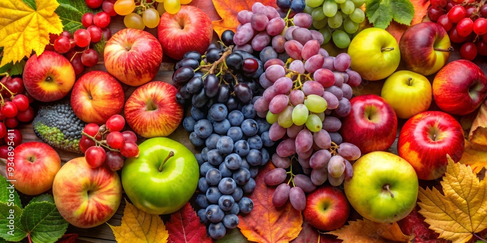 Fresh and vibrant assortment of grapes, berries, and apples with colorful leaves on a background Fresh and vibrant assortment of grapes, berries, and apples with colorful leaves on a background