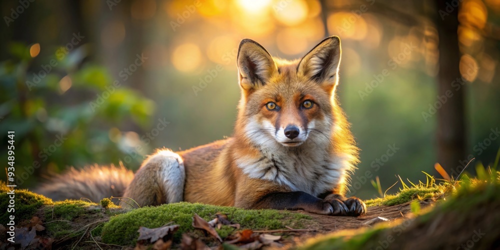 Fototapeta premium A majestic red fox basking in sunlight in a forest setting, with a captivating gaze towards the camera