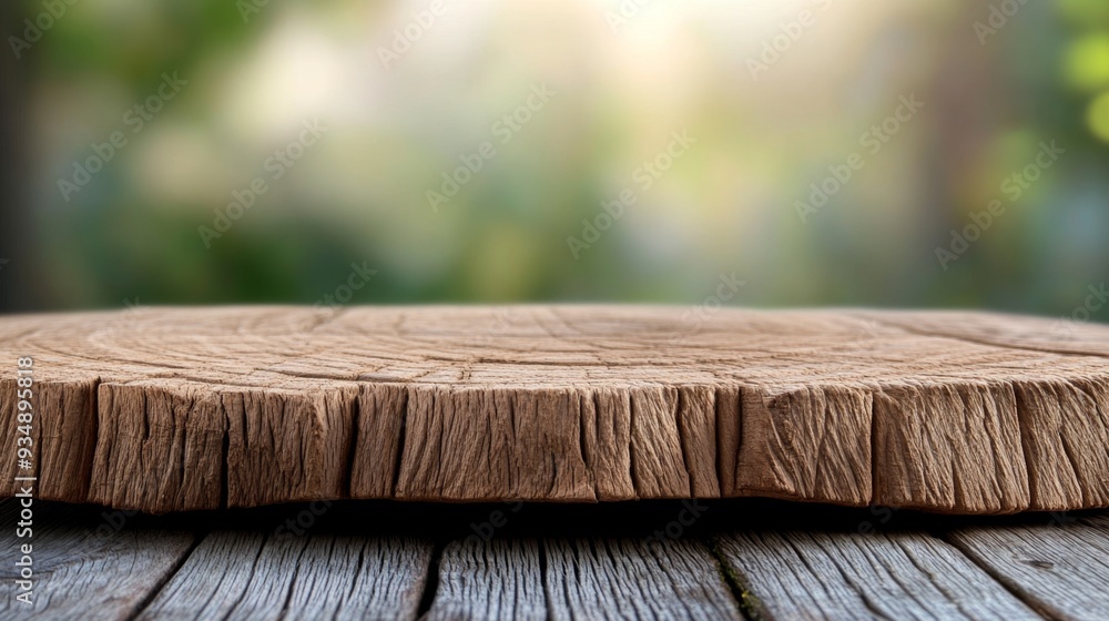Rustic Wooden Slab With Blurred Green Background Rustic Wooden Slab With Blurred Green Background