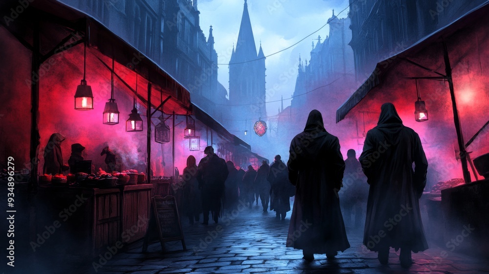 Mysterious Night Market in a Gothic City Mysterious Night Market in a Gothic City