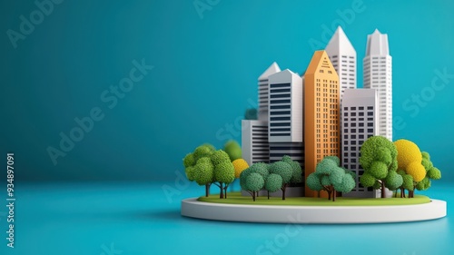 A vibrant 3D cityscape with modern buildings and lush trees on a turquoise base, perfect for architectural and urban design concepts.