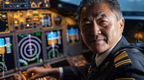 An Asian male pilot confidently operates the cockpit controls of a commercial airplane, ensuring a smooth journey in the late afternoon light