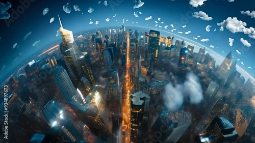 Futuristic Cityscape Aerial View at Twilight Over Megalopolis with Skyscrapers and Technology, Urban Lifestyle Skyline at Dusk