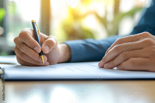 Close-up of businessman signing legal contract agreement with blurd background photo