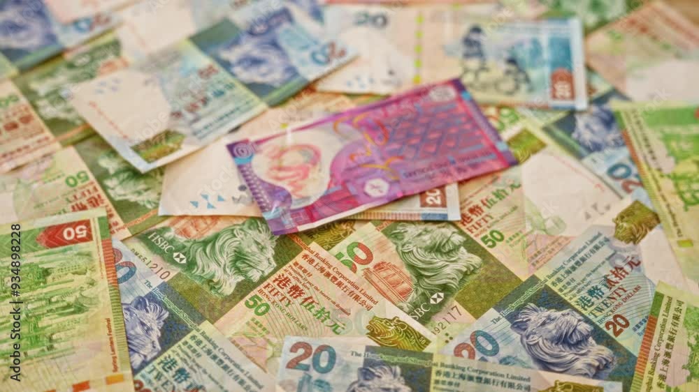 Colorful hong kong dollar bills spread out in a random layout, showcasing various denominations and intricate designs representing hong kong currency. Colorful hong kong dollar bills spread out in a random layout, showcasing various denominations and intricate designs representing hong kong currency.