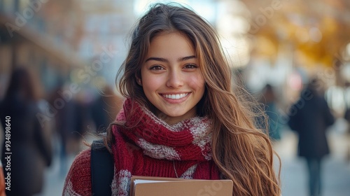 Beautiful student girl smiling while holding books outdoors photo