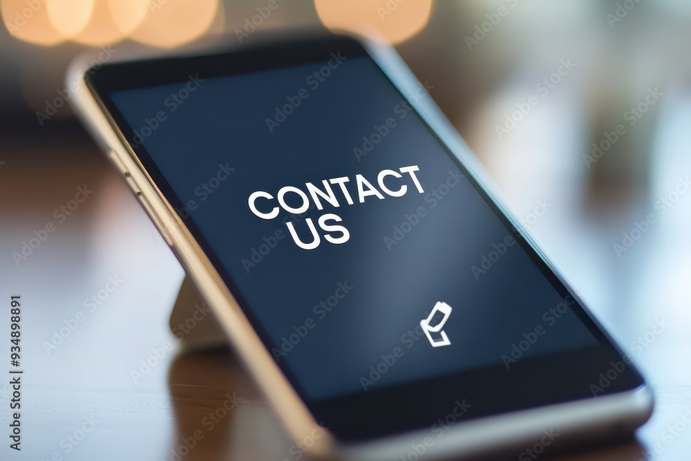 Close-up of a smartphone screen displaying the words CONTACT US on a phone screen, communication theme, copy space Close-up of a smartphone screen displaying the words CONTACT US on a phone screen, communication theme, copy space