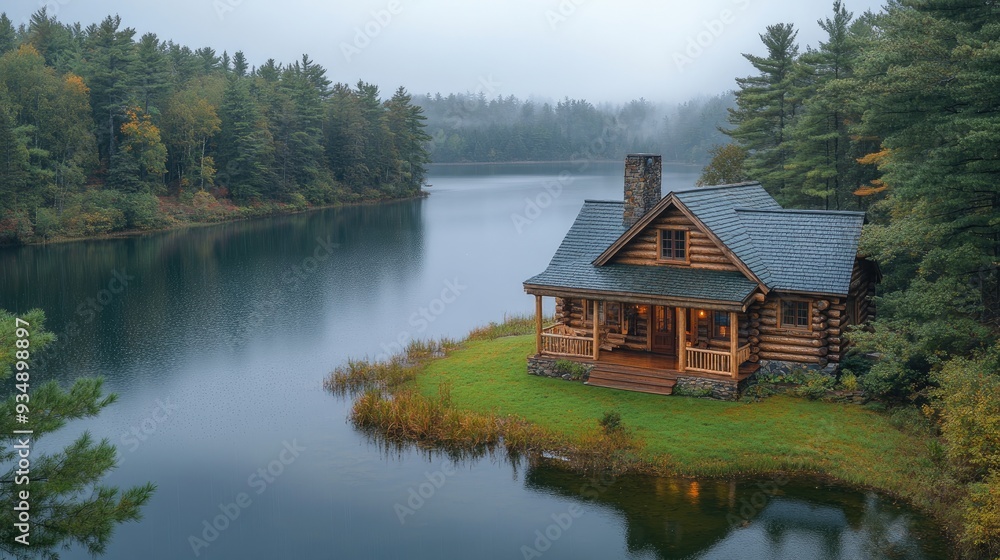 Luxurious log cabin overlooking serene lake in autumn Luxurious log cabin overlooking serene lake in autumn