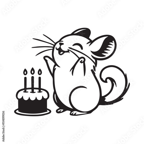 Cute Chinchilla Outline Design - A cute Chinchilla with a birthday cake Illustration in black and white
