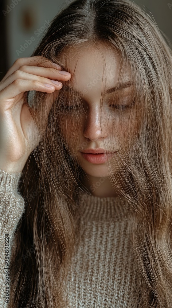 Obraz premium Young woman checking her hair part for signs of hair loss