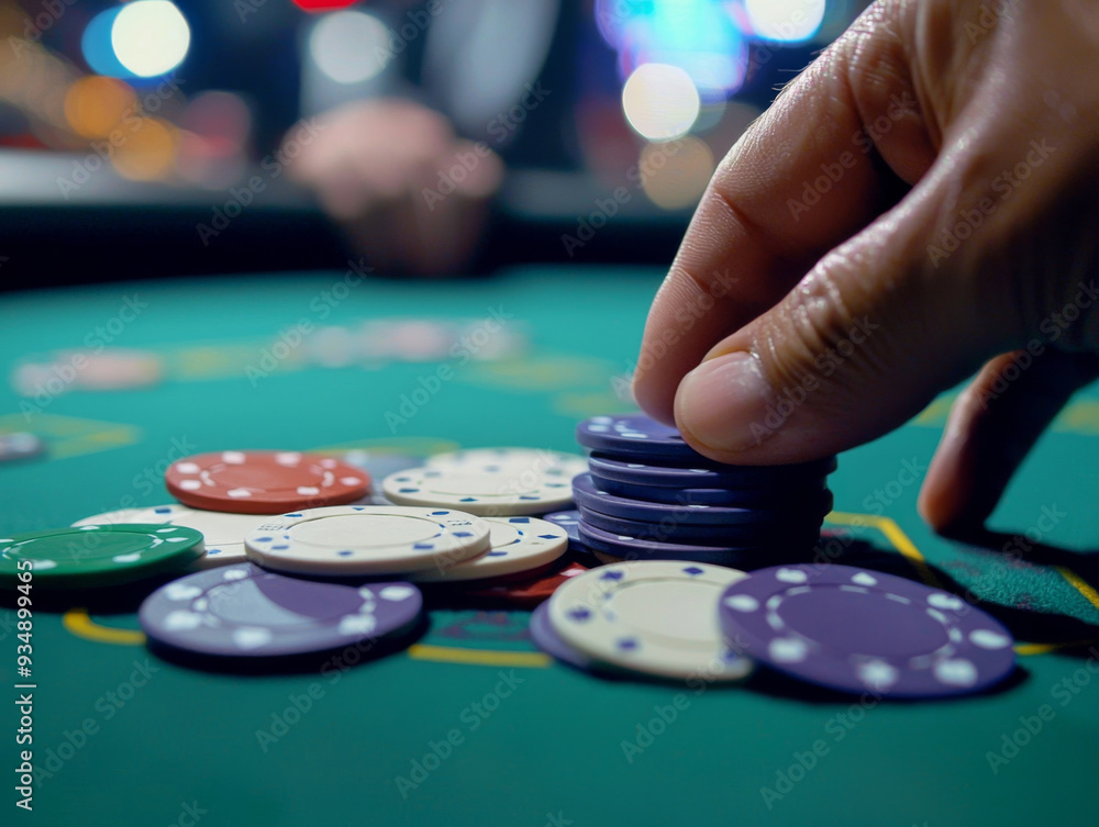 A hand is reaching for a pile of poker chips on a green table A hand is reaching for a pile of poker chips on a green table