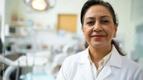 A skilled Hispanic dentist stands confidently in a well-lit clinic, smiling at the camera while showcasing a welcoming and professional atmosphere, copy space photo