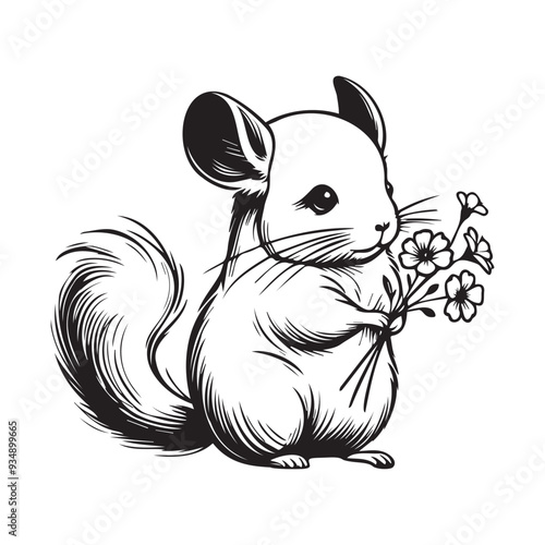 Cute Chinchilla Outline Design -  Chinchilla Floral Gift Illustration in black and white