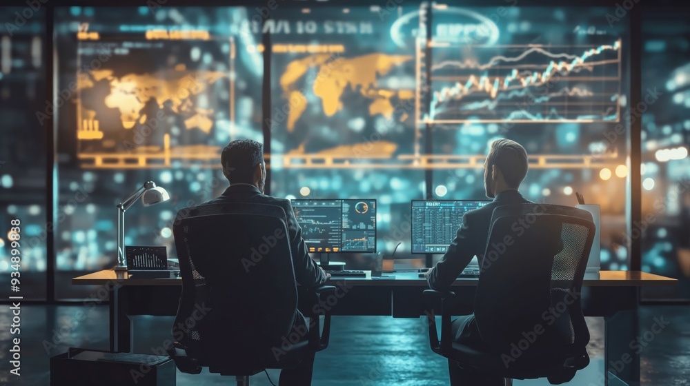 Two men are sitting at a desk in front of computer monitors - Coins and Stocks Two men are sitting at a desk in front of computer monitors - Coins and Stocks