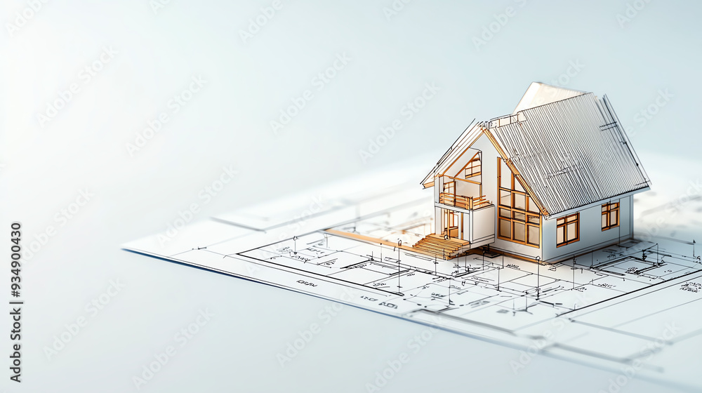 A detailed architectural model of a house on blueprints, illustrating modern design and construction concepts for inspiration. A detailed architectural model of a house on blueprints, illustrating modern design and construction concepts for inspiration.