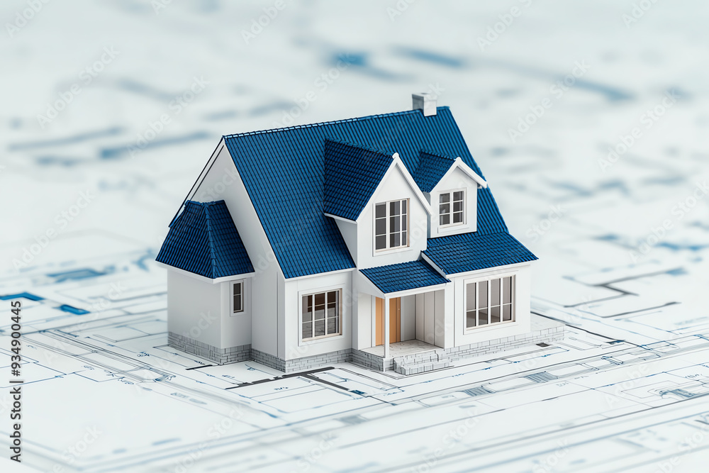 A detailed architectural model of a house on a blueprint background, showcasing modern design and construction plans. A detailed architectural model of a house on a blueprint background, showcasing modern design and construction plans.