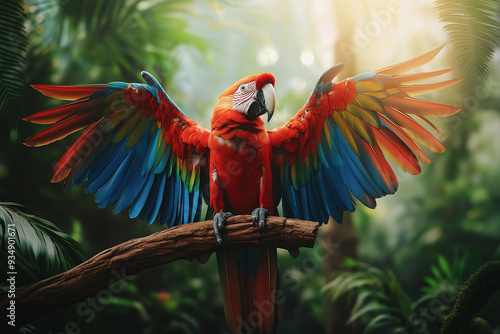 A colorful parrot with its wings spread, sitting on a branch in a jungle photo