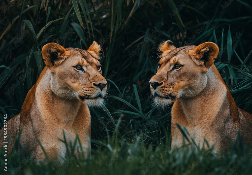 Obraz premium Two lions are facing each other in a forest setting