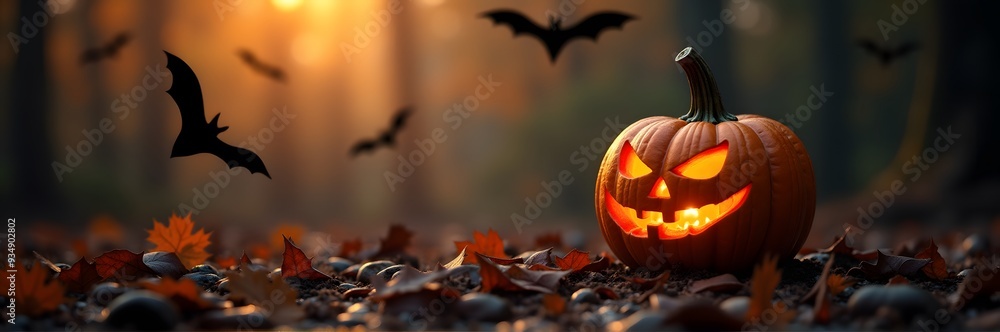 Glowing jack-o'-lantern in a forest with flying bats and autumn leaves Glowing jack-o'-lantern in a forest with flying bats and autumn leaves